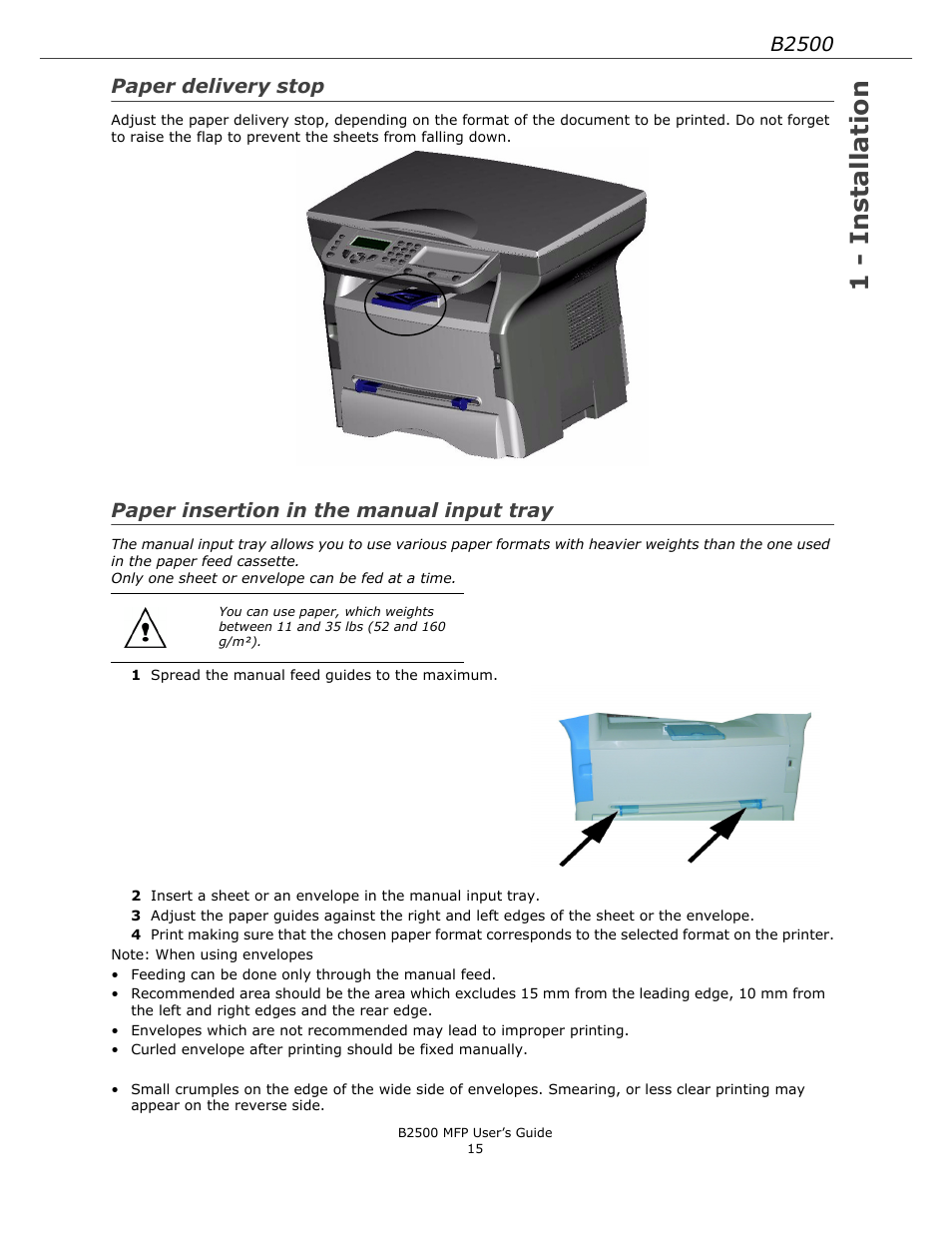 Paper delivery stop, Paper insertion in the manual input tray, Paper insertion in the manual input tray . 15 | 1 - installation, B2500 | Xerox B2500 MFP User Manual | Page 15 / 42