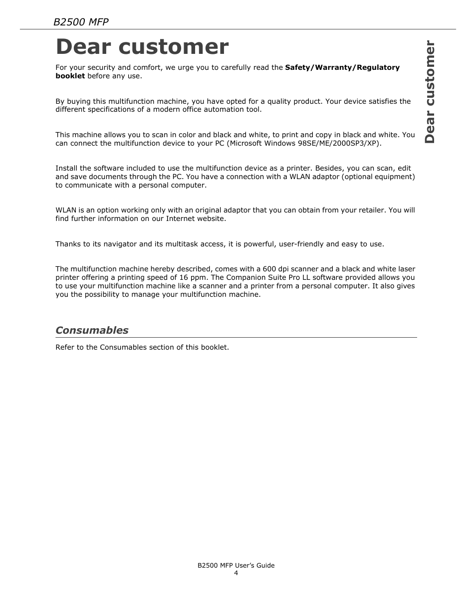 Dear customer, Consumables | Xerox B2500 MFP User Manual | Page 4 / 42