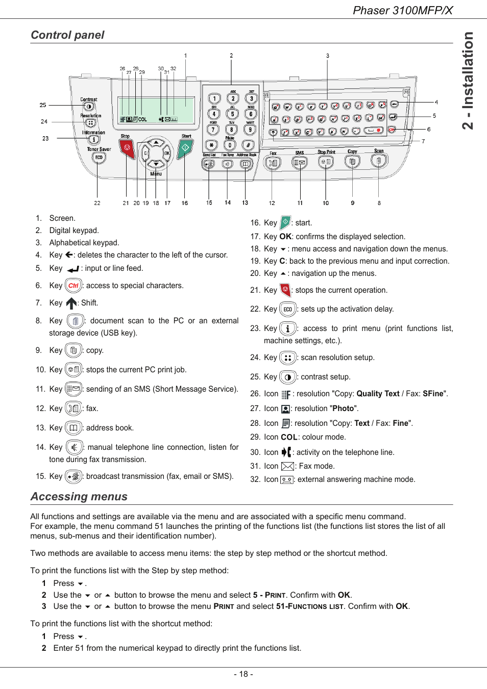 Control panel, Accessing menus, 2 - installation | Phaser 3100mfp/x, Control panel accessing menus | Xerox Phaser 3100MFP/X User Manual | Page 23 / 90