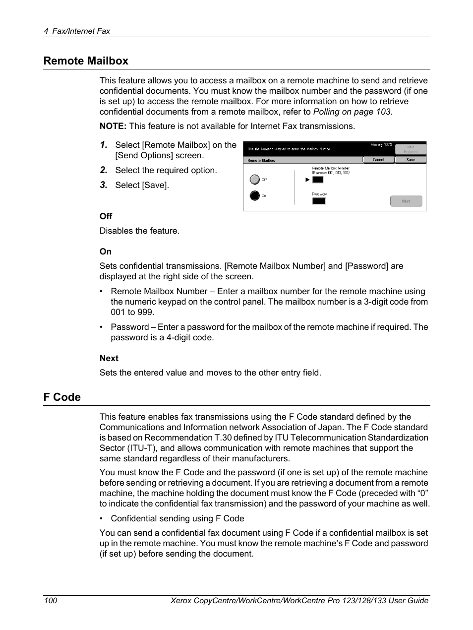 Remote mailbox, F code, Remote mailbox f code | Xerox 604P18057 User Manual | Page 100 / 364