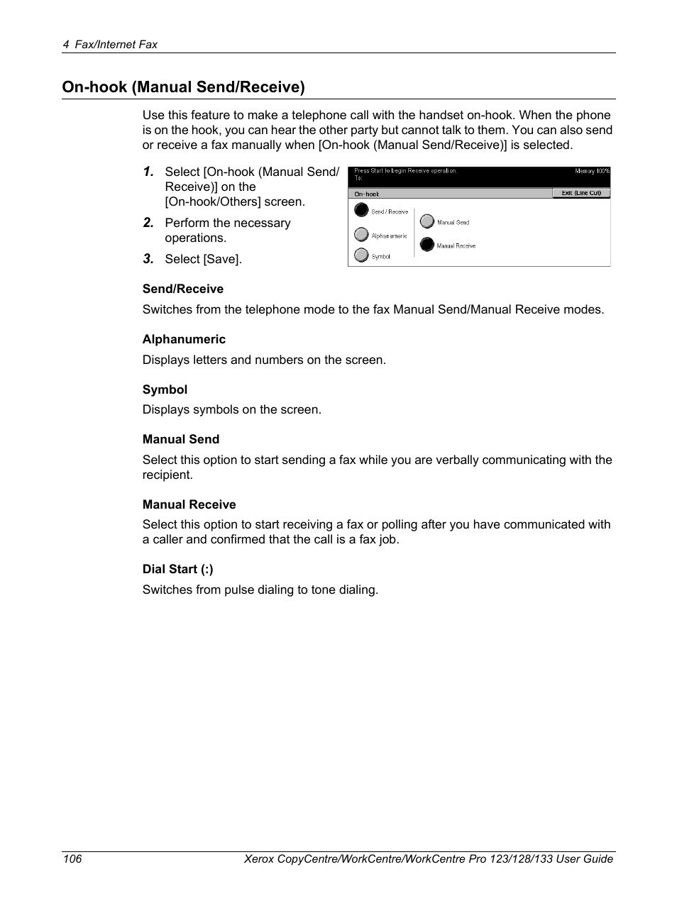On-hook (manual send/receive) | Xerox 604P18057 User Manual | Page 106 / 364