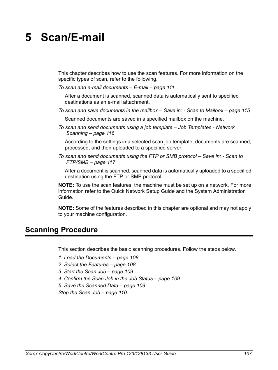 5 scan/e-mail, Scanning procedure, Scan/e-mail scanning procedure | Xerox 604P18057 User Manual | Page 107 / 364