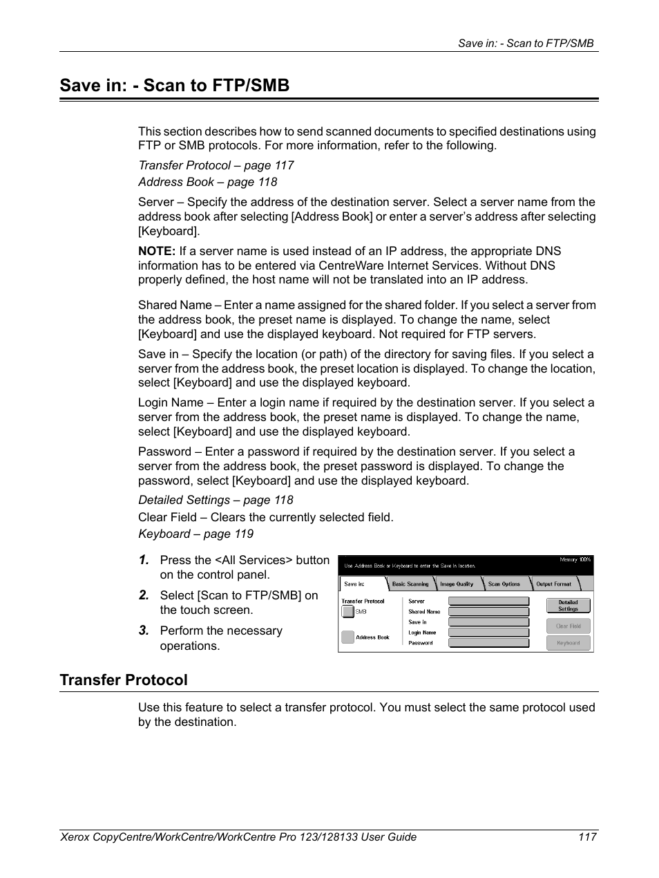 Save in: - scan to ftp/smb, Transfer protocol, Save in: - scan to | Xerox 604P18057 User Manual | Page 117 / 364