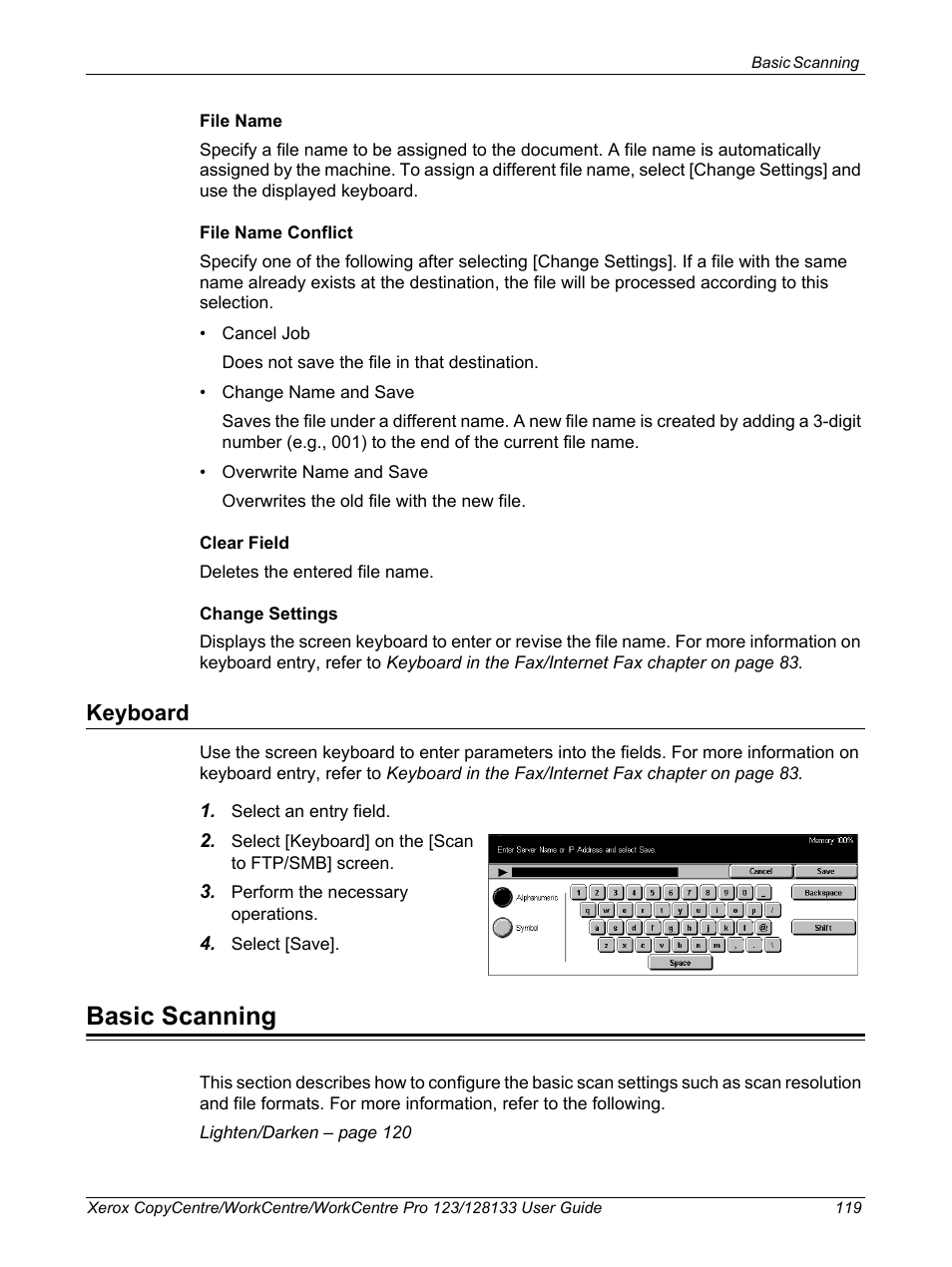 Keyboard, Basic scanning | Xerox 604P18057 User Manual | Page 119 / 364