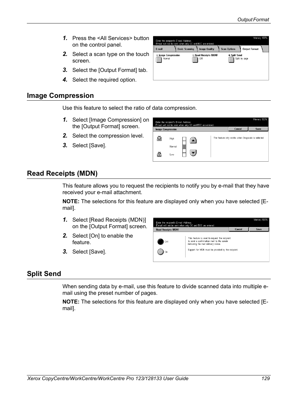 Image compression, Read receipts (mdn), Split send | Image compression read receipts (mdn) split send | Xerox 604P18057 User Manual | Page 129 / 364