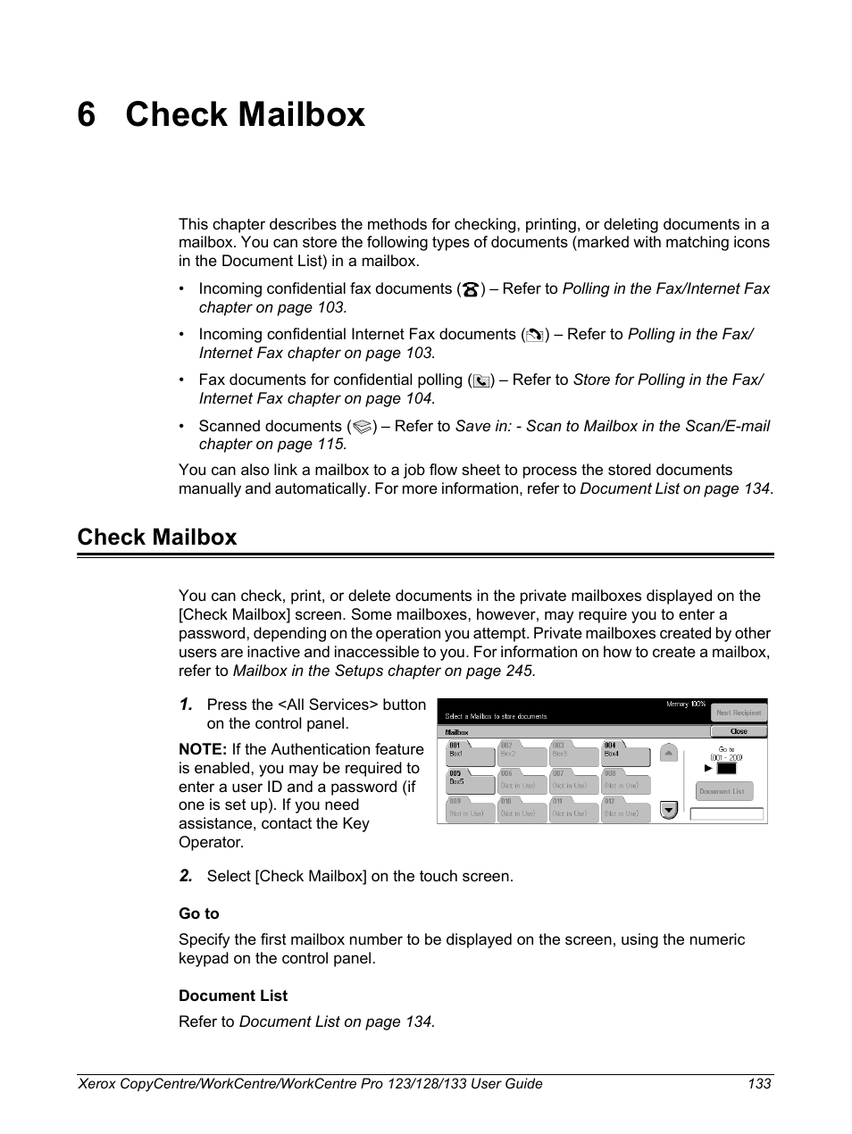 6 check mailbox, Check mailbox, Check mailbox check mailbox | N, refer to the check mailbox chapter | Xerox 604P18057 User Manual | Page 133 / 364