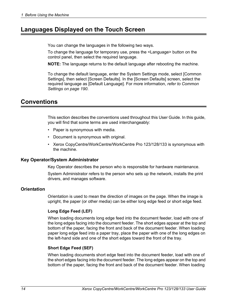 Languages displayed on the touch screen, Conventions | Xerox 604P18057 User Manual | Page 14 / 364