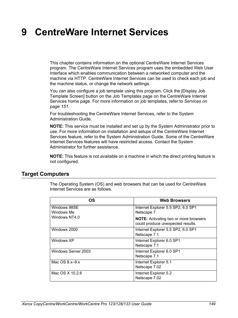 9 centreware internet services, Target computers, Centreware internet services | Xerox 604P18057 User Manual | Page 149 / 364