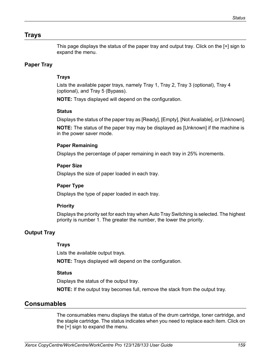 Trays, Consumables, Trays consumables | Xerox 604P18057 User Manual | Page 159 / 364