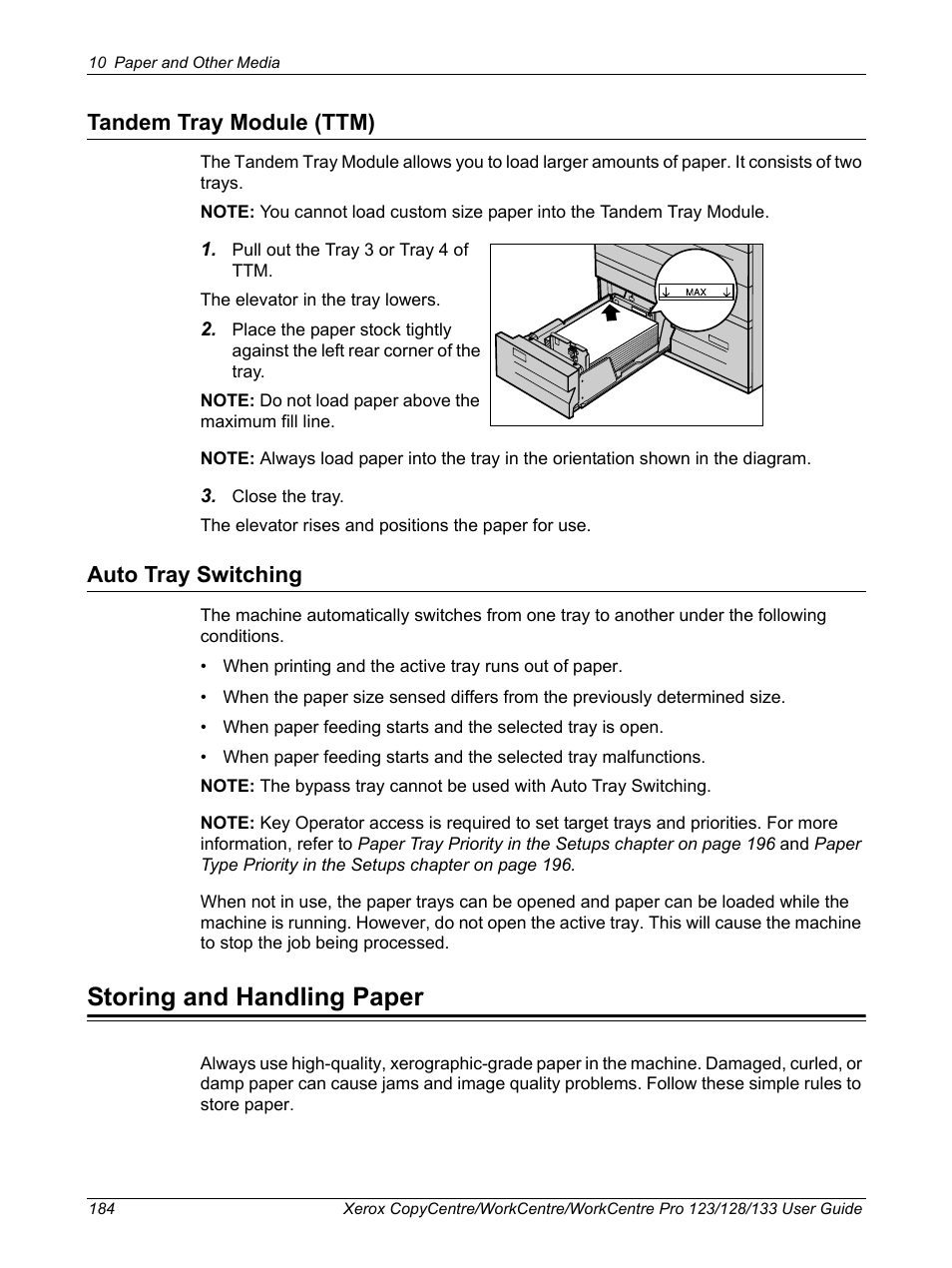 Tandem tray module (ttm), Auto tray switching, Storing and handling paper | Tandem tray module (ttm) auto tray switching | Xerox 604P18057 User Manual | Page 184 / 364