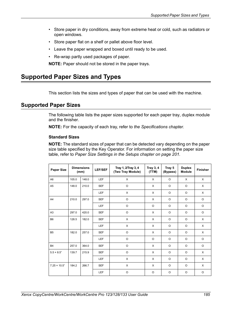 Supported paper sizes and types, Supported paper sizes | Xerox 604P18057 User Manual | Page 185 / 364