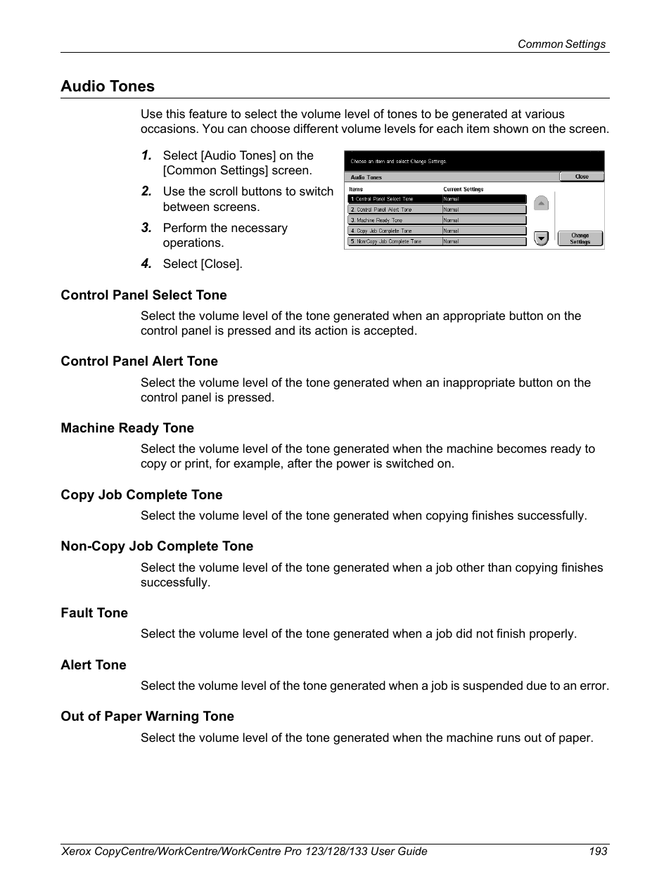 Audio tones | Xerox 604P18057 User Manual | Page 193 / 364