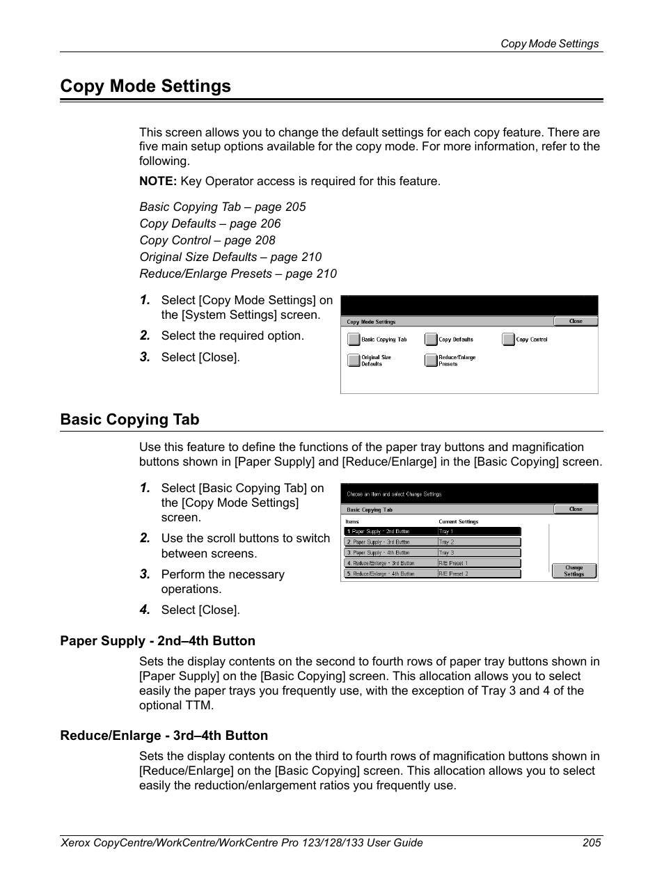 Copy mode settings, Basic copying tab | Xerox 604P18057 User Manual | Page 205 / 364