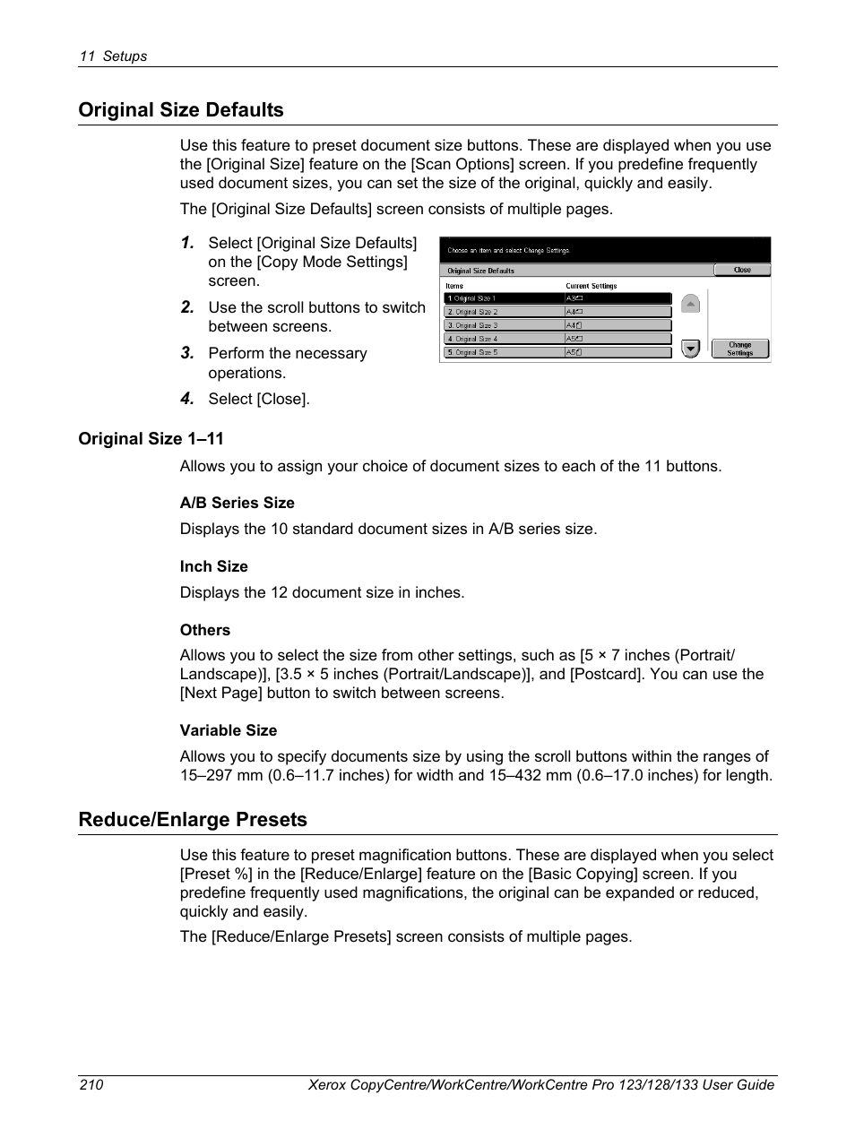 Original size defaults, Reduce/enlarge presets, Original size defaults reduce/enlarge presets | Xerox 604P18057 User Manual | Page 210 / 364