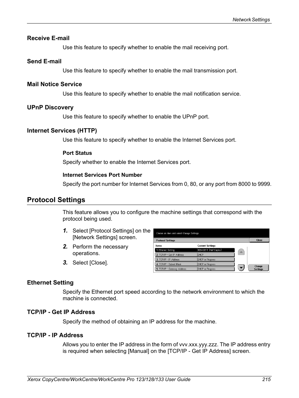 Protocol settings | Xerox 604P18057 User Manual | Page 215 / 364