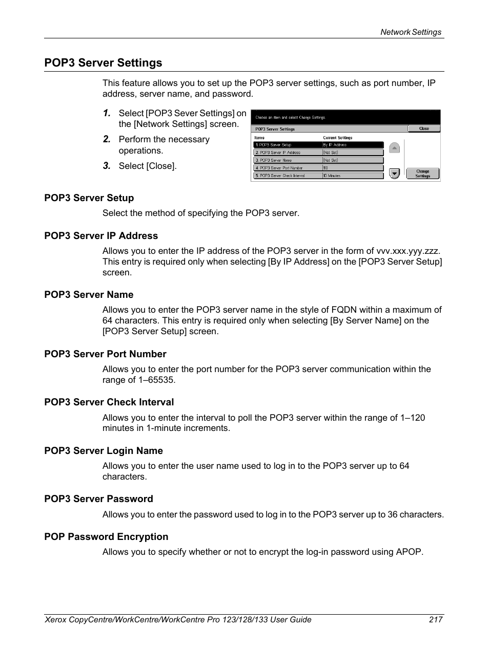 Pop3 server settings | Xerox 604P18057 User Manual | Page 217 / 364