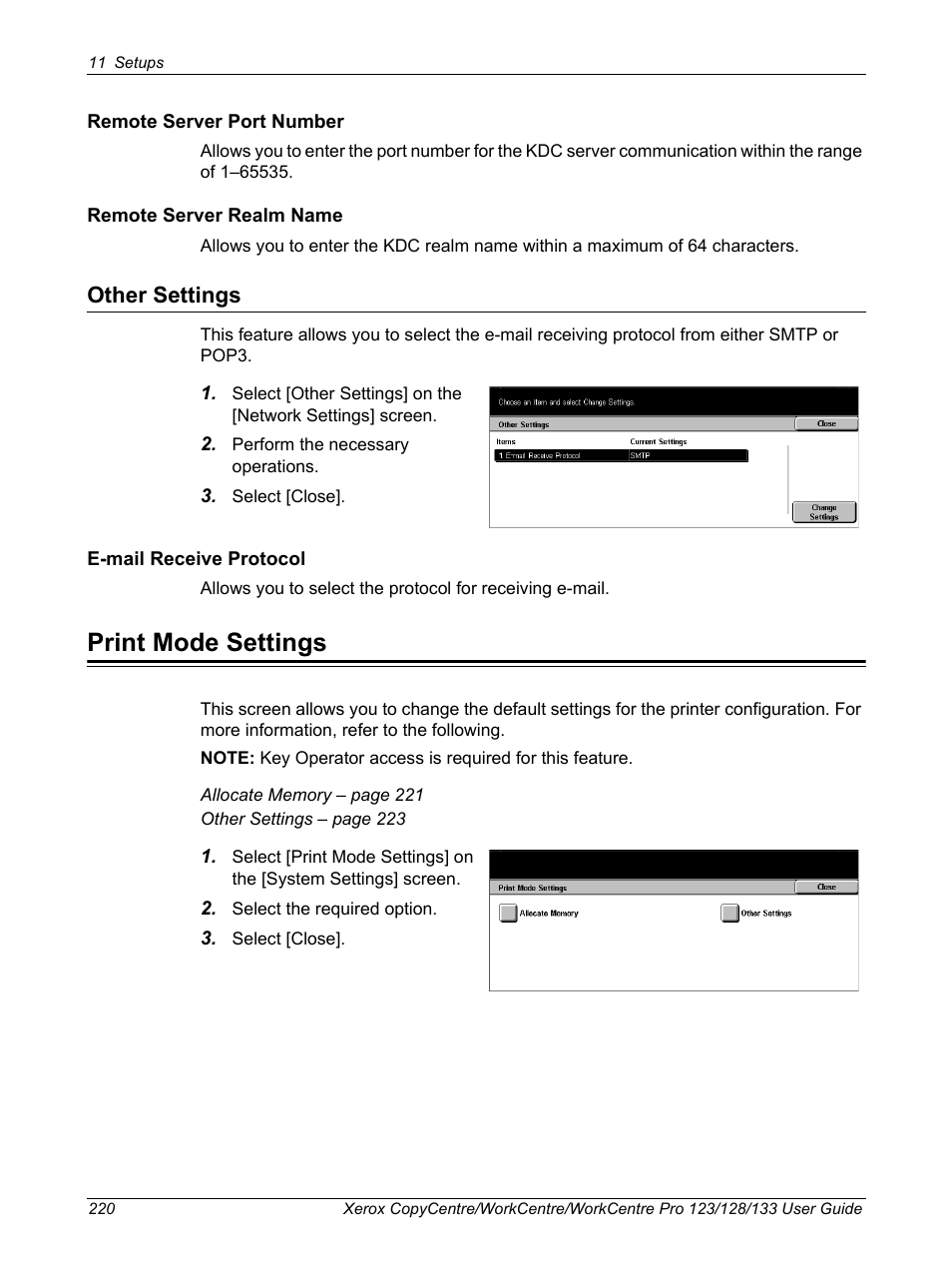 Other settings, Print mode settings | Xerox 604P18057 User Manual | Page 220 / 364
