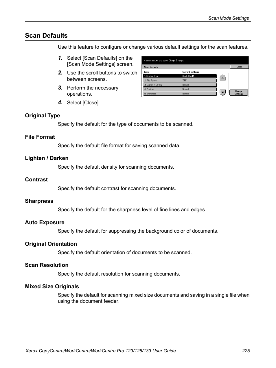 Scan defaults | Xerox 604P18057 User Manual | Page 225 / 364