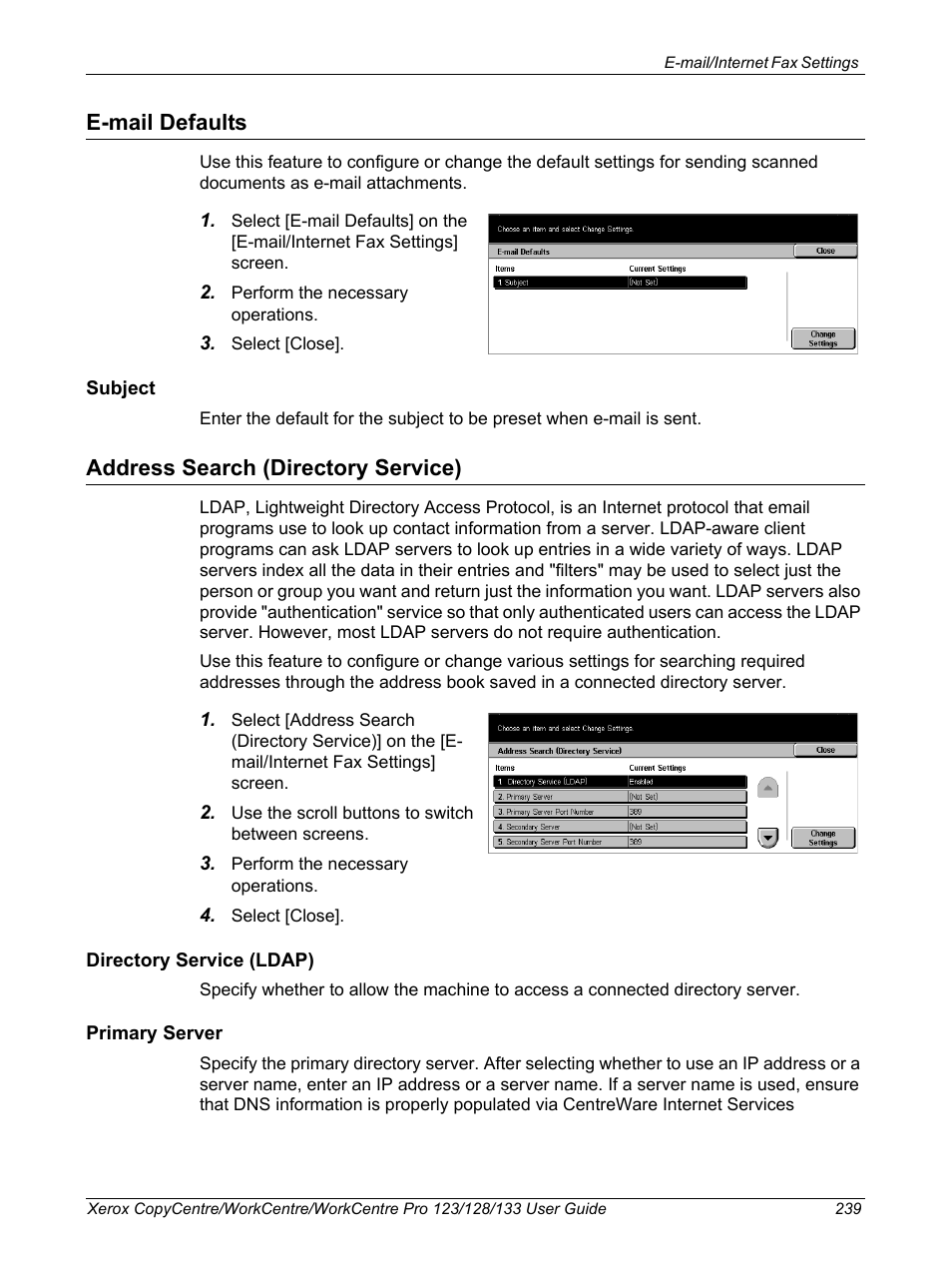 E-mail defaults, Address search (directory service), E-mail defaults address search (directory service) | Xerox 604P18057 User Manual | Page 239 / 364