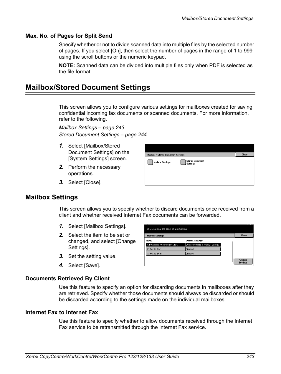 Mailbox/stored document settings, Mailbox settings | Xerox 604P18057 User Manual | Page 243 / 364