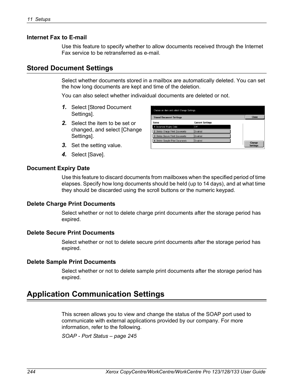 Stored document settings, Application communication settings | Xerox 604P18057 User Manual | Page 244 / 364