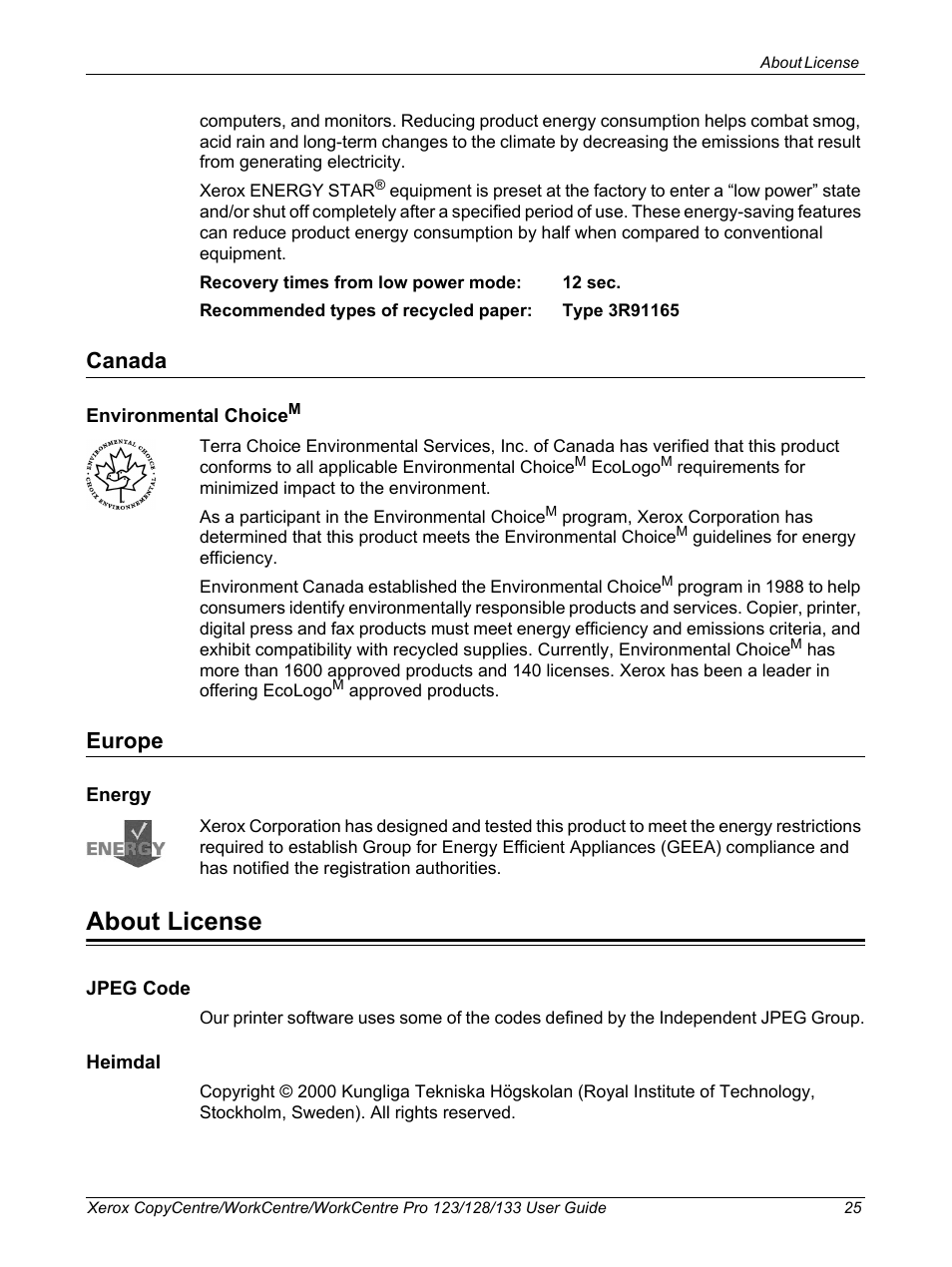 Canada, Europe, About license | Canada europe | Xerox 604P18057 User Manual | Page 25 / 364