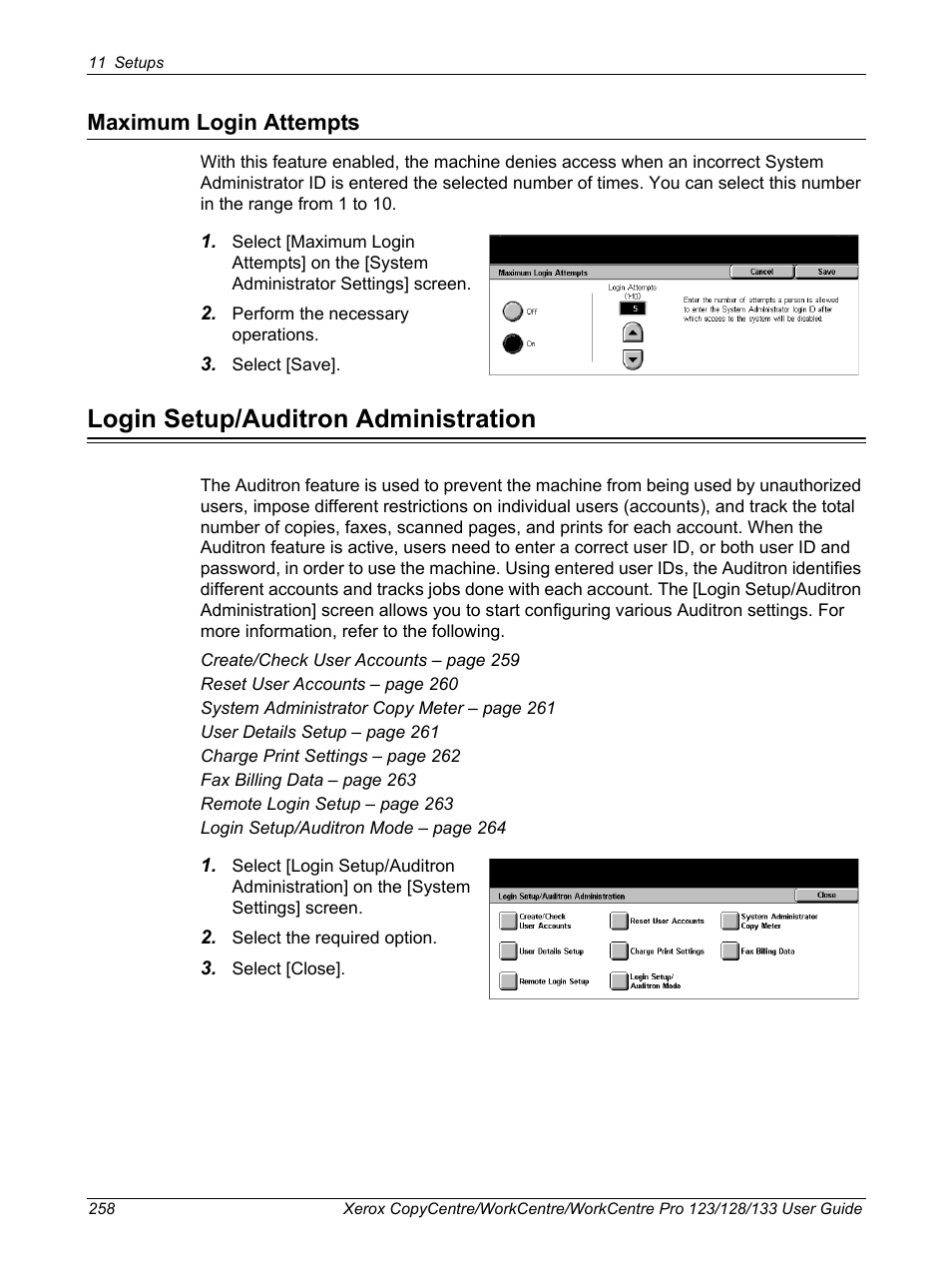 Maximum login attempts, Login setup/auditron administration | Xerox 604P18057 User Manual | Page 258 / 364