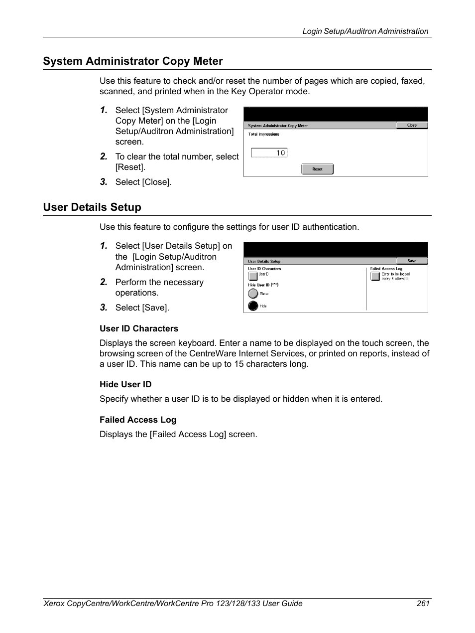 System administrator copy meter, User details setup, System administrator copy meter user details setup | Xerox 604P18057 User Manual | Page 261 / 364
