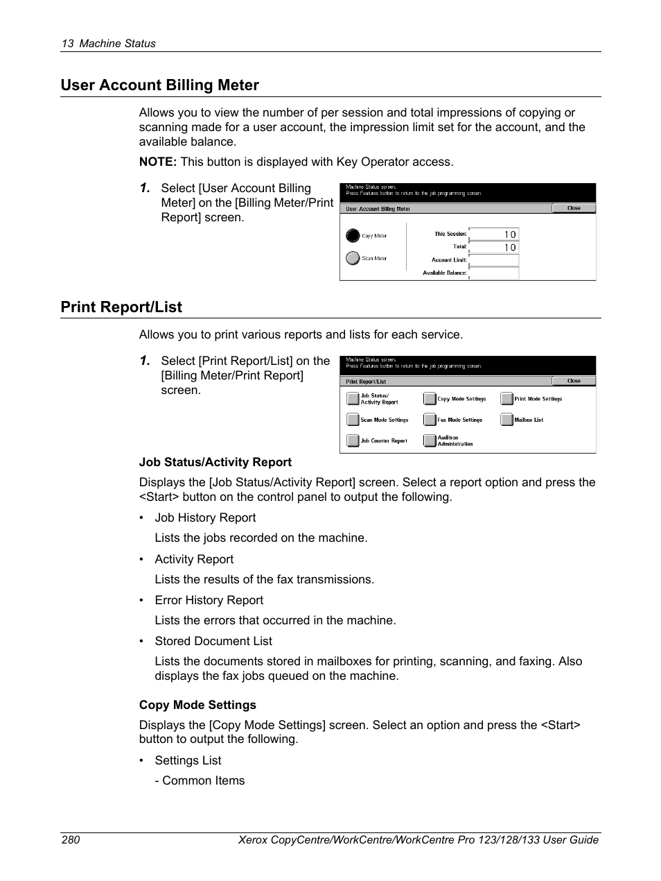 User account billing meter, Print report/list, User account billing meter print report/list | Xerox 604P18057 User Manual | Page 280 / 364