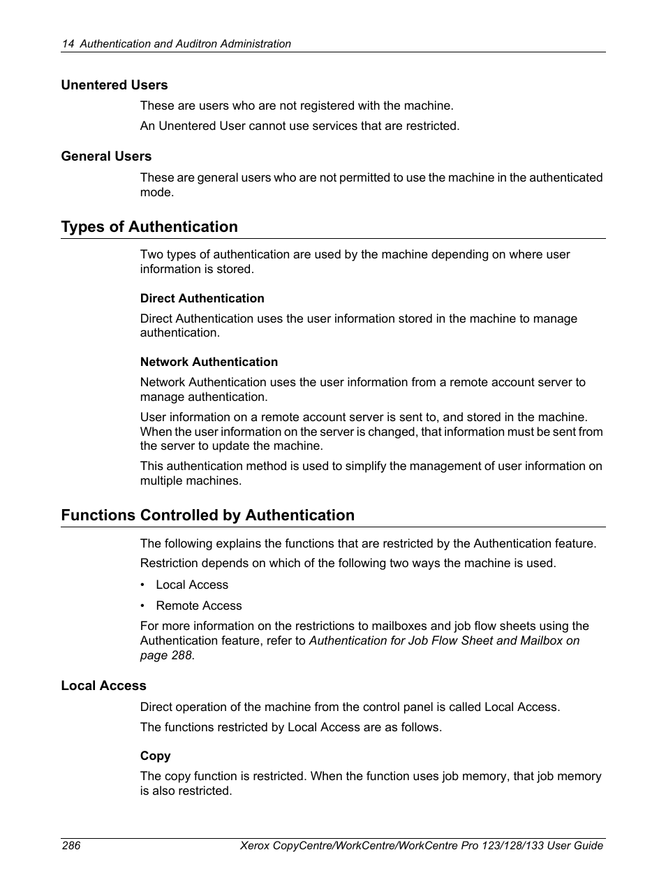 Types of authentication, Functions controlled by authentication | Xerox 604P18057 User Manual | Page 286 / 364