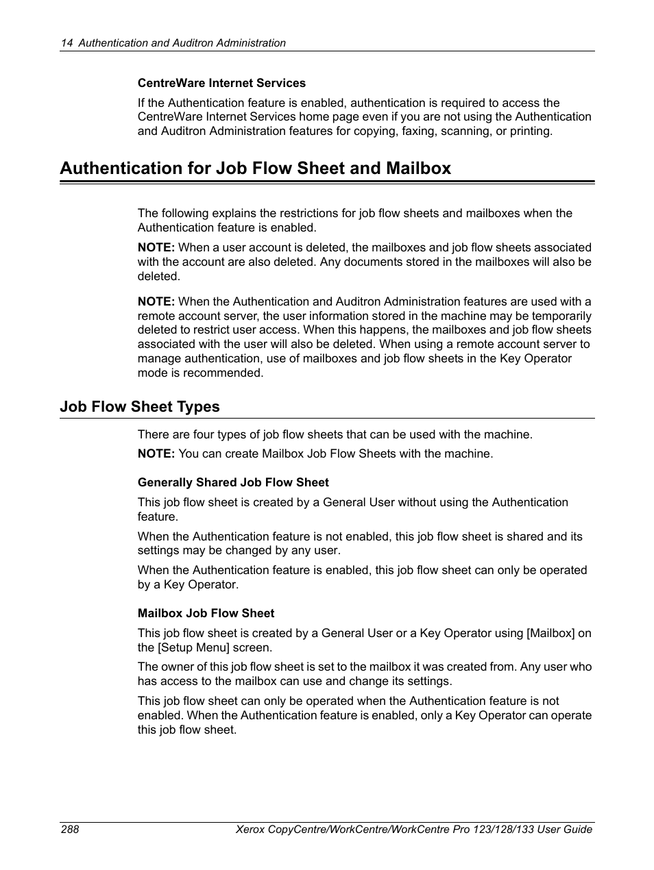 Authentication for job flow sheet and mailbox, Job flow sheet types | Xerox 604P18057 User Manual | Page 288 / 364
