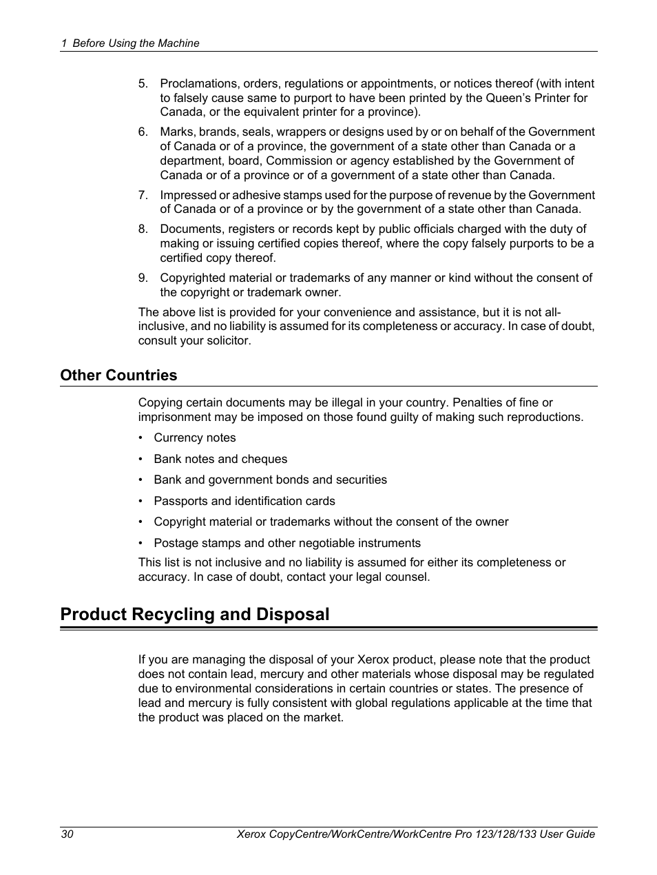 Other countries, Product recycling and disposal | Xerox 604P18057 User Manual | Page 30 / 364