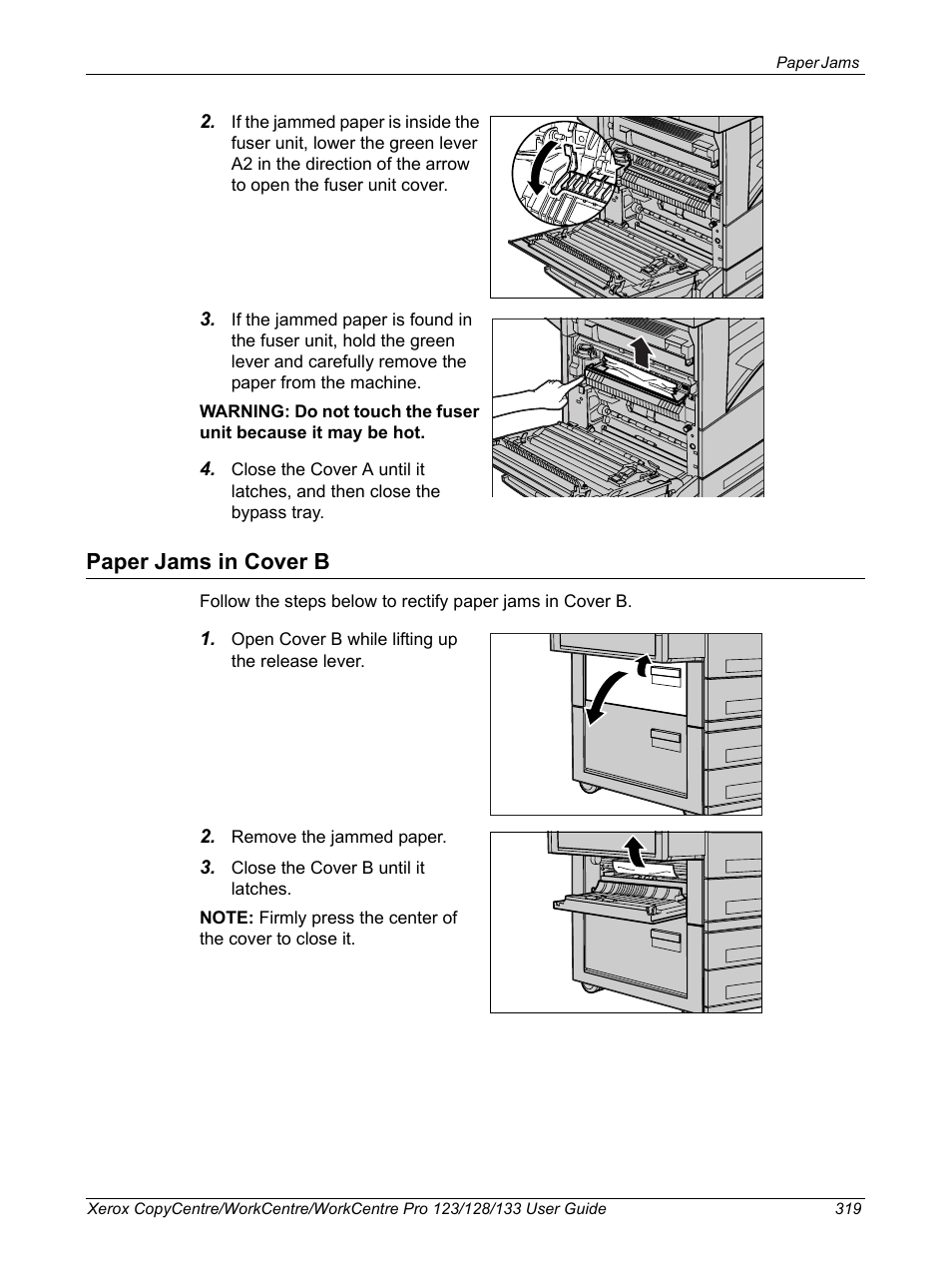 Paper jams in cover b | Xerox 604P18057 User Manual | Page 319 / 364