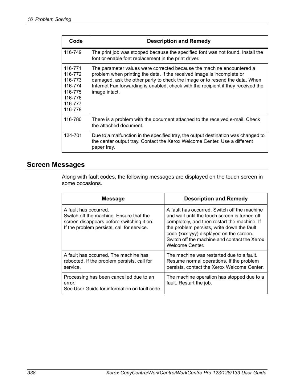 Screen messages | Xerox 604P18057 User Manual | Page 338 / 364