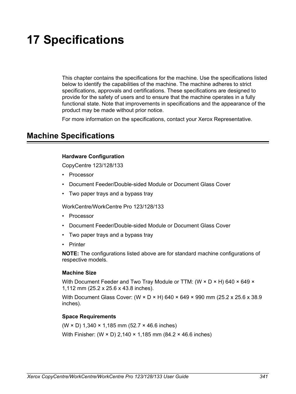 17 specifications, Machine specifications | Xerox 604P18057 User Manual | Page 341 / 364