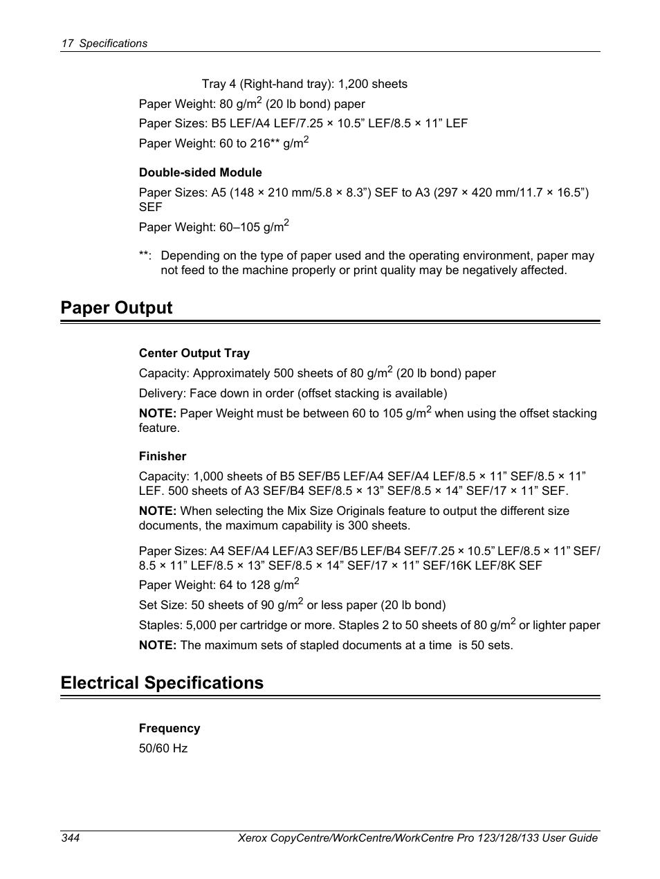 Paper output, Electrical specifications, Paper output electrical specifications | Xerox 604P18057 User Manual | Page 344 / 364
