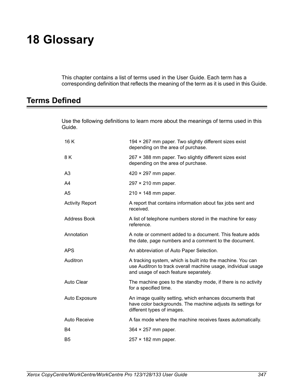 18 glossary, Terms defined | Xerox 604P18057 User Manual | Page 347 / 364