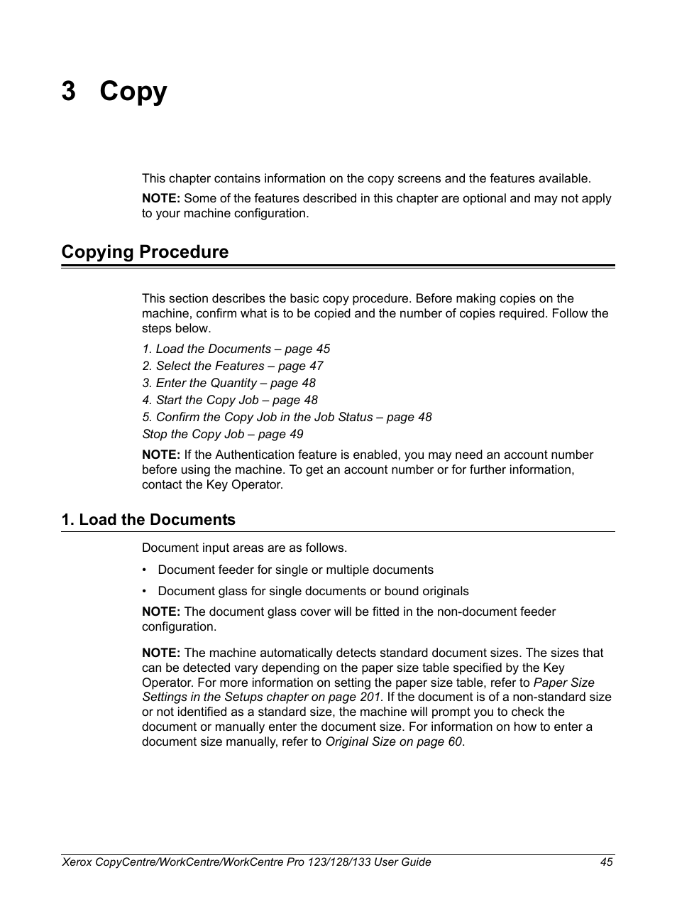 3 copy, Copying procedure, Load the documents | Copy copying procedure | Xerox 604P18057 User Manual | Page 45 / 364