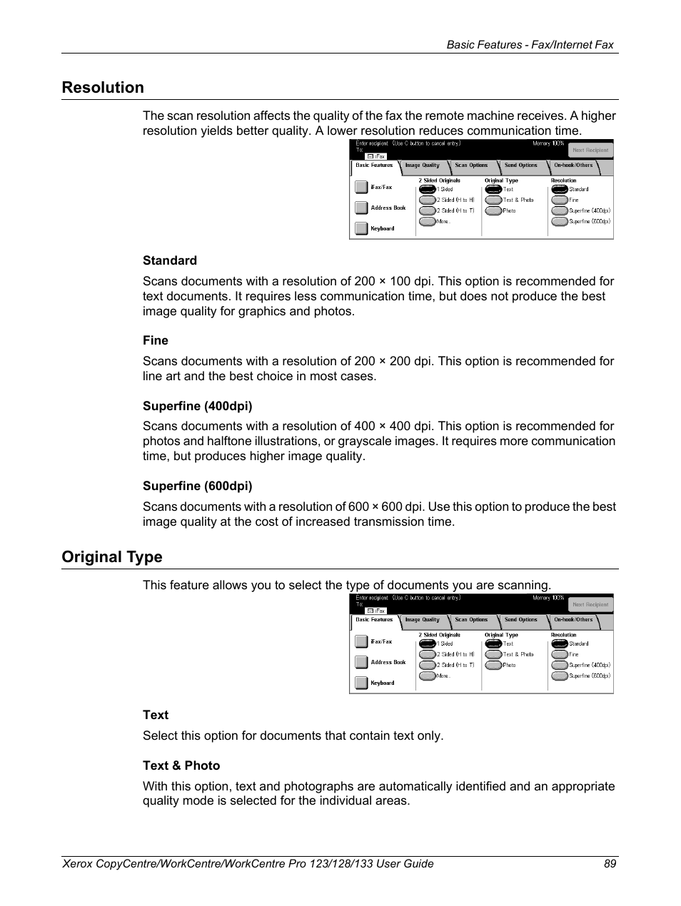 Resolution, Original type, Resolution original type | Xerox 604P18057 User Manual | Page 89 / 364