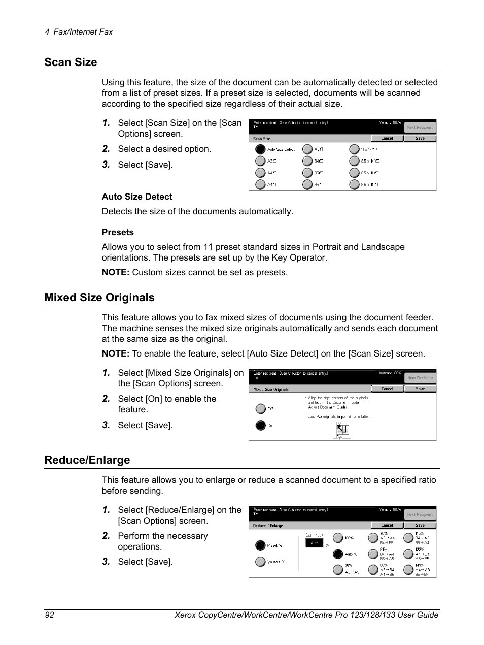 Scan size, Mixed size originals, Reduce/enlarge | Scan size mixed size originals | Xerox 604P18057 User Manual | Page 92 / 364