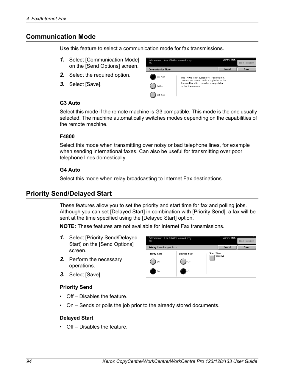 Communication mode, Priority send/delayed start, Communication mode priority send/delayed start | Xerox 604P18057 User Manual | Page 94 / 364