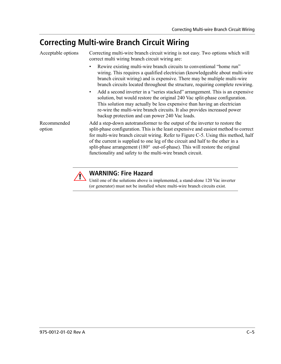 Correcting multi-wire branch circuit wiring, Warning: fire hazard | Xantrex Technology DR1524W User Manual | Page 113 / 122
