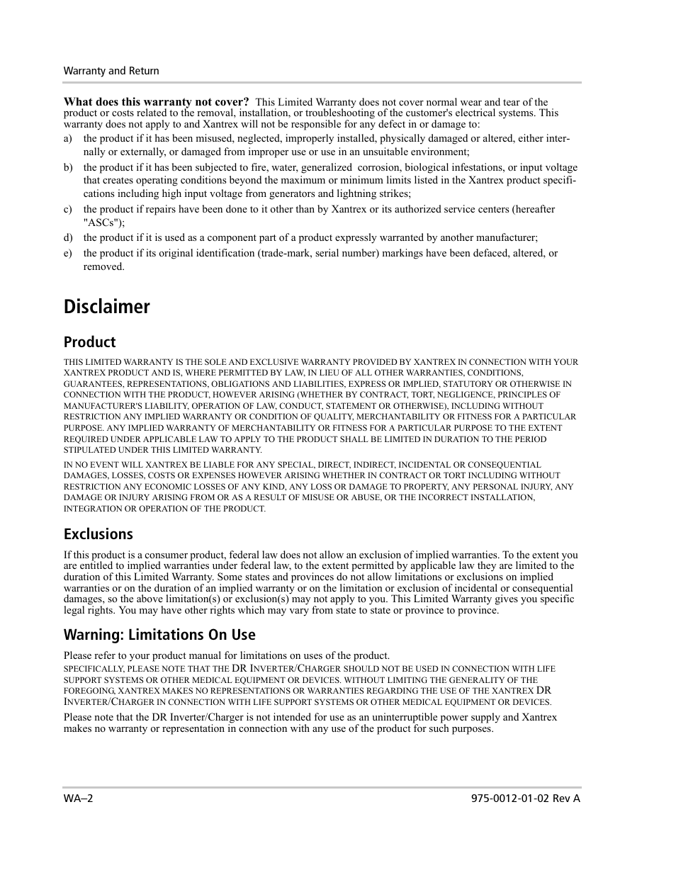 Disclaimer, Product, Exclusions | Warning: limitations on use | Xantrex Technology DR1524W User Manual | Page 116 / 122