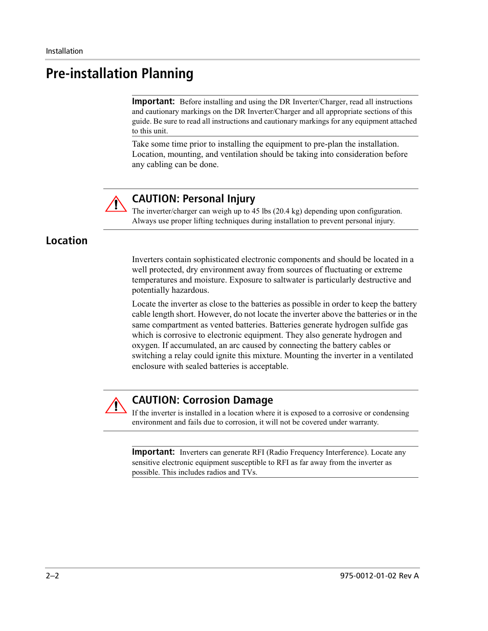 Pre-installation planning, Location, Caution: personal injury | Caution: corrosion damage | Xantrex Technology DR1524W User Manual | Page 26 / 122