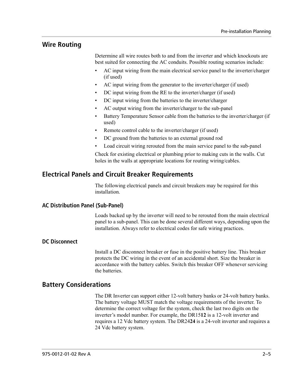 Wire routing, Electrical panels and circuit breaker requirements, Battery considerations | Xantrex Technology DR1524W User Manual | Page 29 / 122