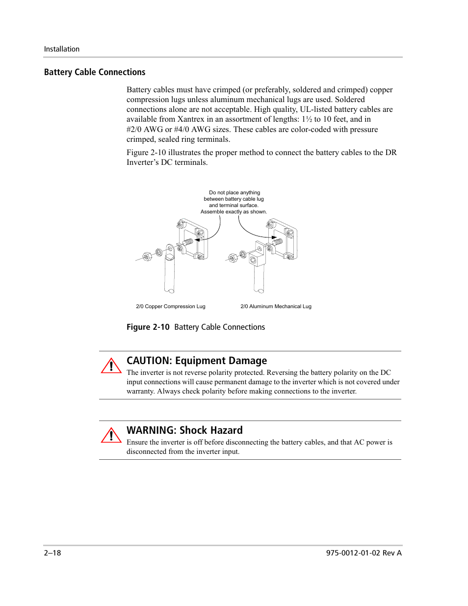 Caution: equipment damage, Warning: shock hazard, Battery cable connections | Xantrex Technology DR1524W User Manual | Page 42 / 122
