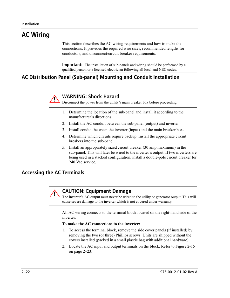 Ac wiring, Accessing the ac terminals, Warning: shock hazard | Caution: equipment damage | Xantrex Technology DR1524W User Manual | Page 46 / 122
