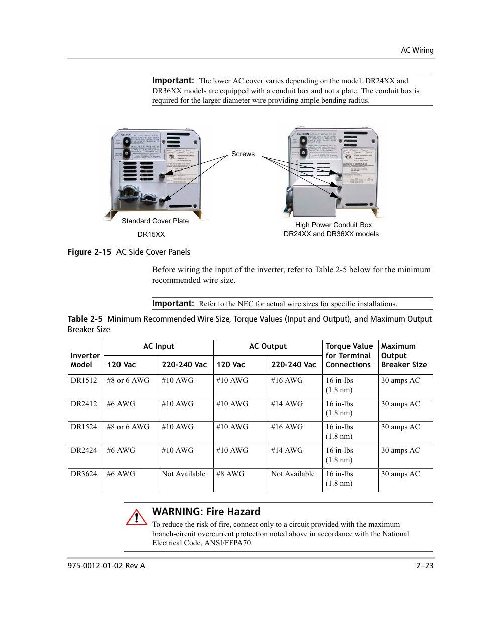 Warning: fire hazard | Xantrex Technology DR1524W User Manual | Page 47 / 122