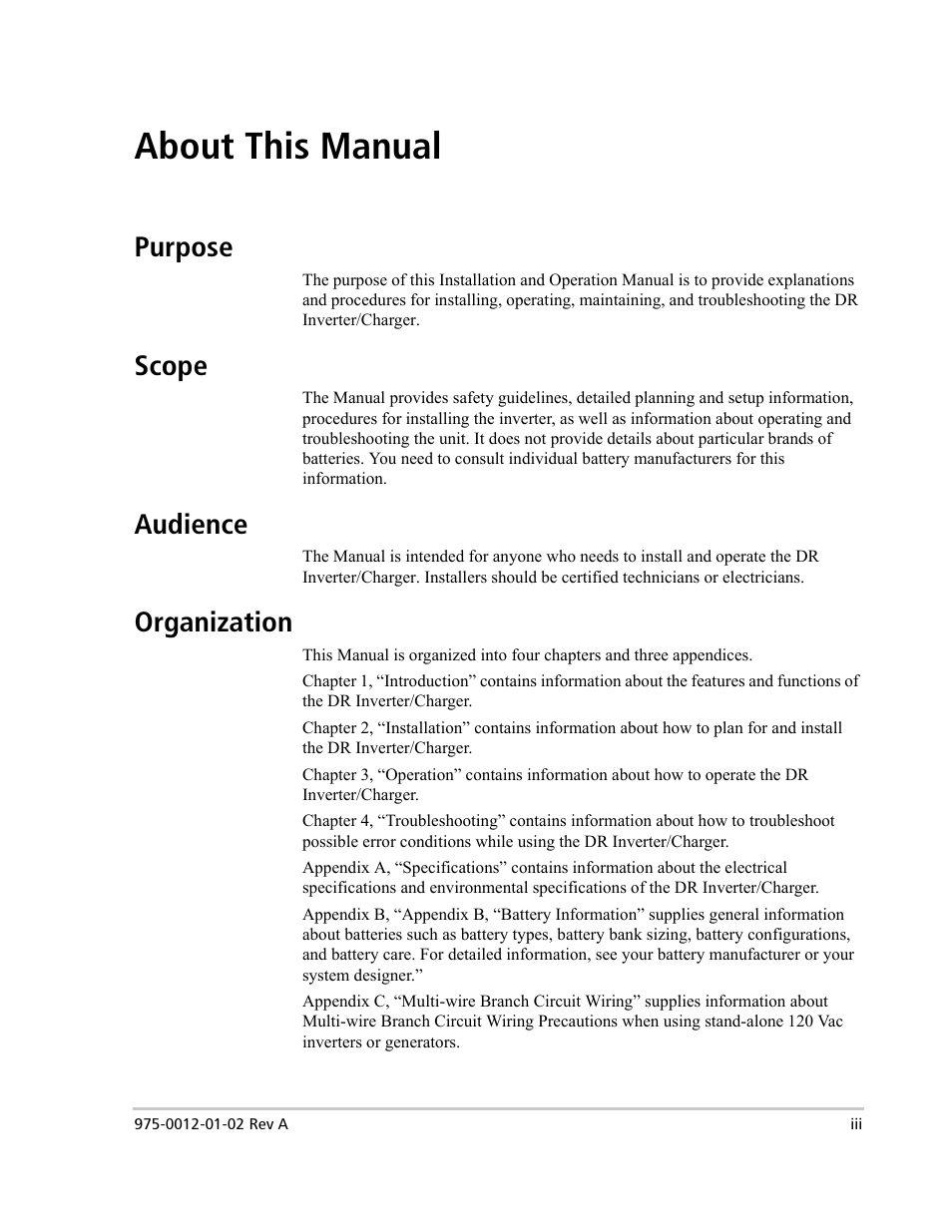 About this manual, Purpose, Scope | Audience, Organization | Xantrex Technology DR1524W User Manual | Page 5 / 122