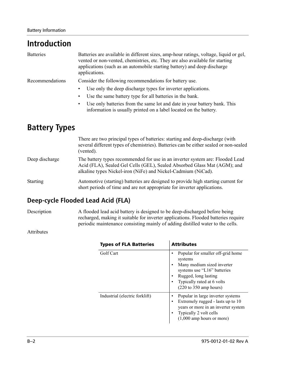 Introduction, Battery types, Deep-cycle flooded lead acid (fla) | Xantrex Technology DR1524W User Manual | Page 92 / 122